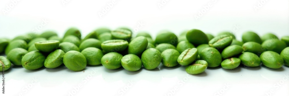 Row of green coffee beans on a white background, coffee, supply Row of green coffee beans on a white background, coffee, supply