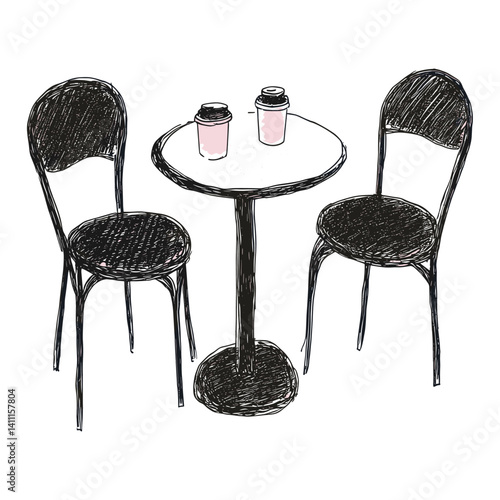 Cafe table and two chairs illustration sketch black vector