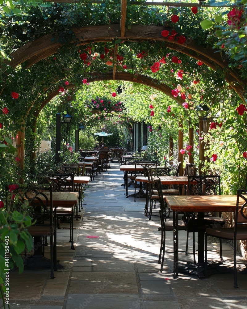 Obraz premium Charming Outdoor Dining Area with Rustic Decor and Floral Canopy