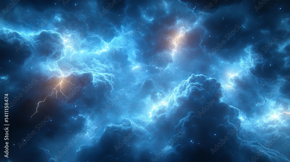 Fototapeta premium A breathtaking view of a blue nebula with lightning strikes and twinkling stars in the vast expanse of space