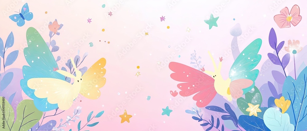 Fototapeta premium Colorful Butterflies in a Magical Floral Landscape Illustration