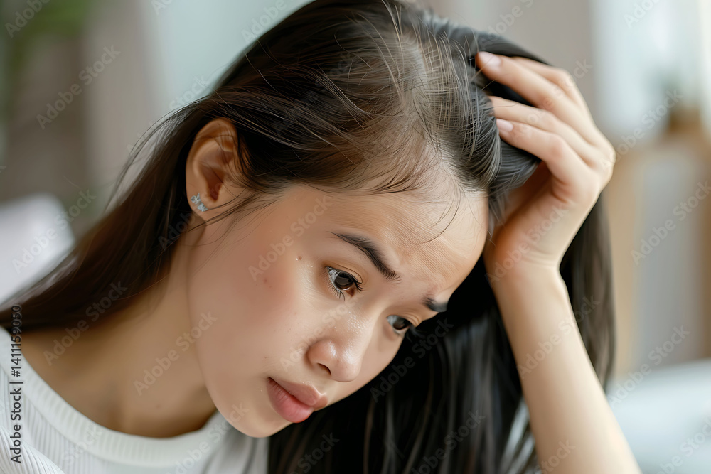 Fototapeta premium Close-up photograph of an Asian woman with thinning hair, her hand on her head and pointing to a balding spot, against a white background in a living room setting. 