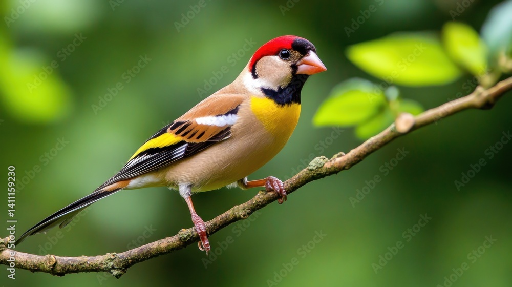 european goldfinch perched gracefully on a branch amidst verdant foliage in a serene natural setting offering a glimpse of avian beauty european goldfinch perched gracefully on a branch amidst verdant foliage in a serene natural setting offering a glimpse of avian beauty