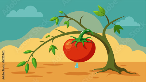 Amidst rows of struggling plants a lone tomato sags on its vine its shriveled appearance mirroring the impact of inadequate rainfall and scorching temperatures on agricultural. Vector illustration