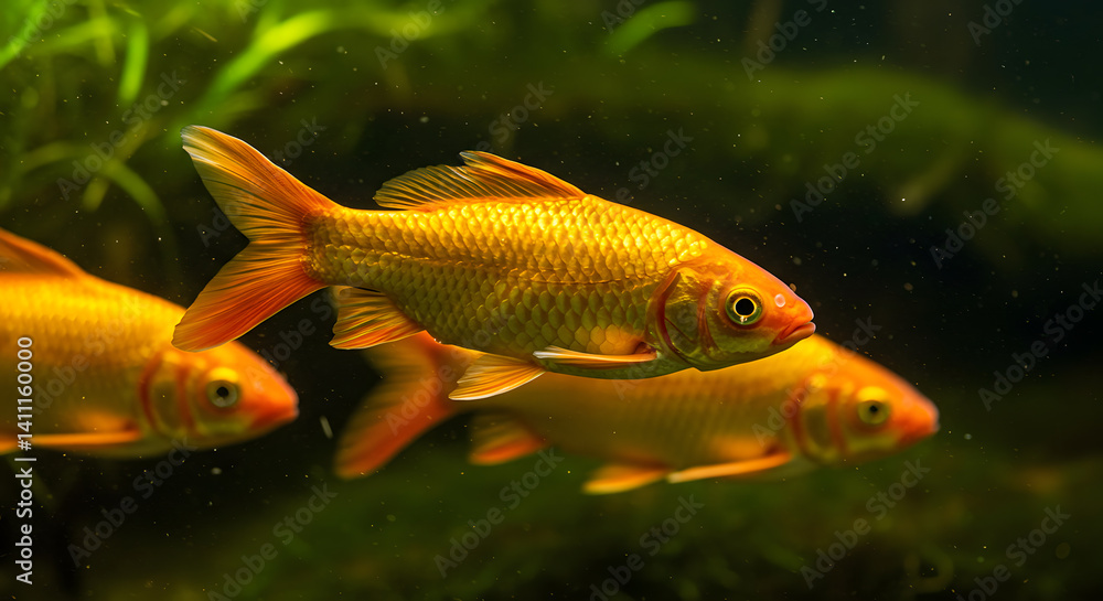 Swimming Goldfish in Aquarium with Aquatic Plants Close Up Swimming Goldfish in Aquarium with Aquatic Plants Close Up