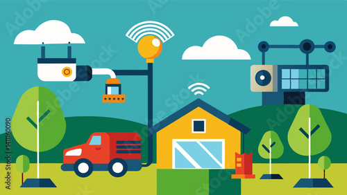 Smart cameras are installed throughout a farm to remotely detect any potential equipment malfunctions or safety hazards alerting farmers to issues before they become major. Vector illustration