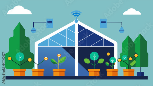 In a hightech greenhouse sensors collect data on light temperature and humidity levels which are then analyzed by AI algorithms to adjust the environment for maximum plant growth.. Vector illustration