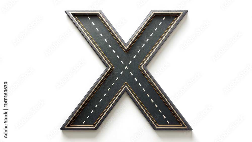 Fototapeta premium Aerial Drone View 3D X Alphabet Road, Uppercase Letter, Road Style Alphabet, 3D Road Letters, Top Down Perspective