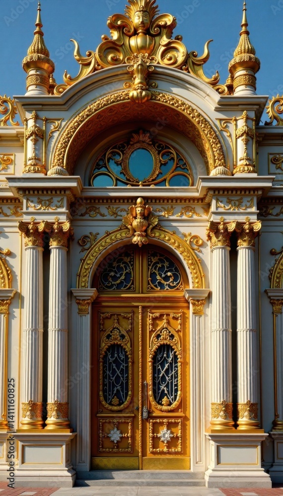 Obraz premium Ornate palace facade with golden swirls and intricate carvings, royal, palace