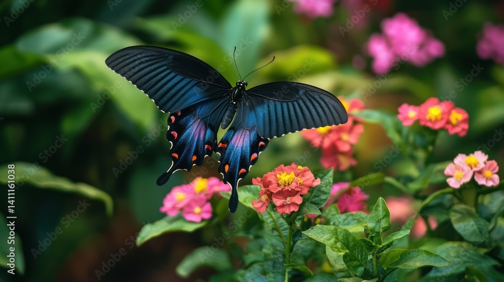 Fototapeta premium A Beautiful Butterfly Displays Its Wings Among Blooming Flowers