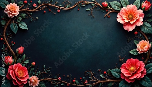 Intricate floral pattern with dark charcoal background and twisting vines, dark background, charcoal wallpaper