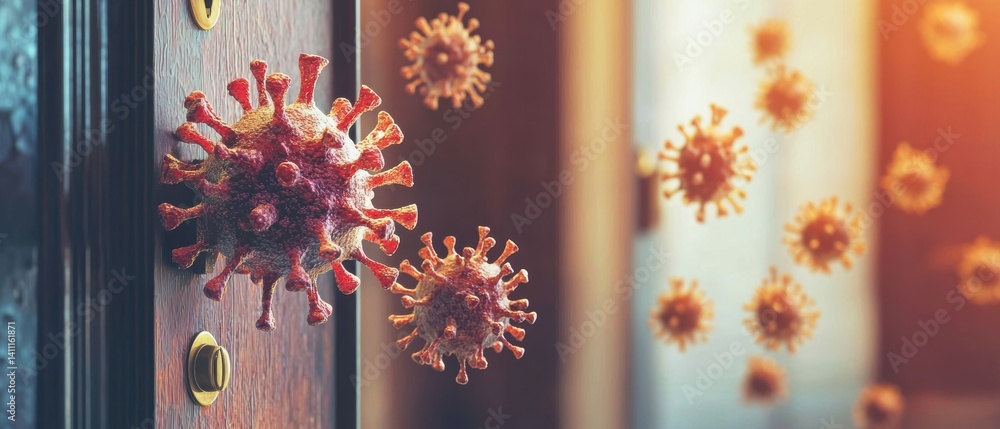 A visual representation of viruses, emphasizing the spread and impact of disease, with a focus on a door handle as a point of contact.