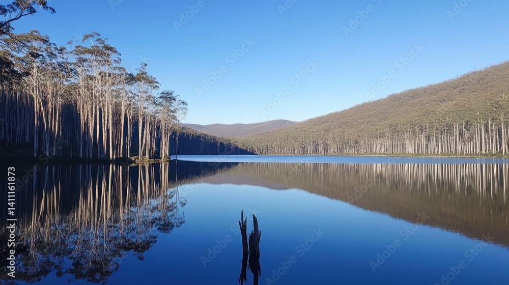 Obraz premium Tall trees reflect beautifully in the calm clear lake water