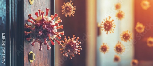 Obraz na płótnie A visual representation of viruses, emphasizing the spread and impact of disease, with a focus on a door handle as a point of contact. w salonie