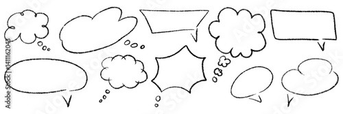 Outline chalk textured speech bubbles set. Different blank chat empty dialog balloon. Comic cloud bubble shapes. Hand drawn grunge pencil doodle conversation message icon. Vector illustration isolated