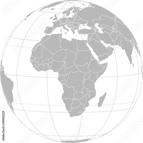 World vector map with country boundaries and graticules (Africa-centered view, orthographic projection, PPT-compatible & fully editable)