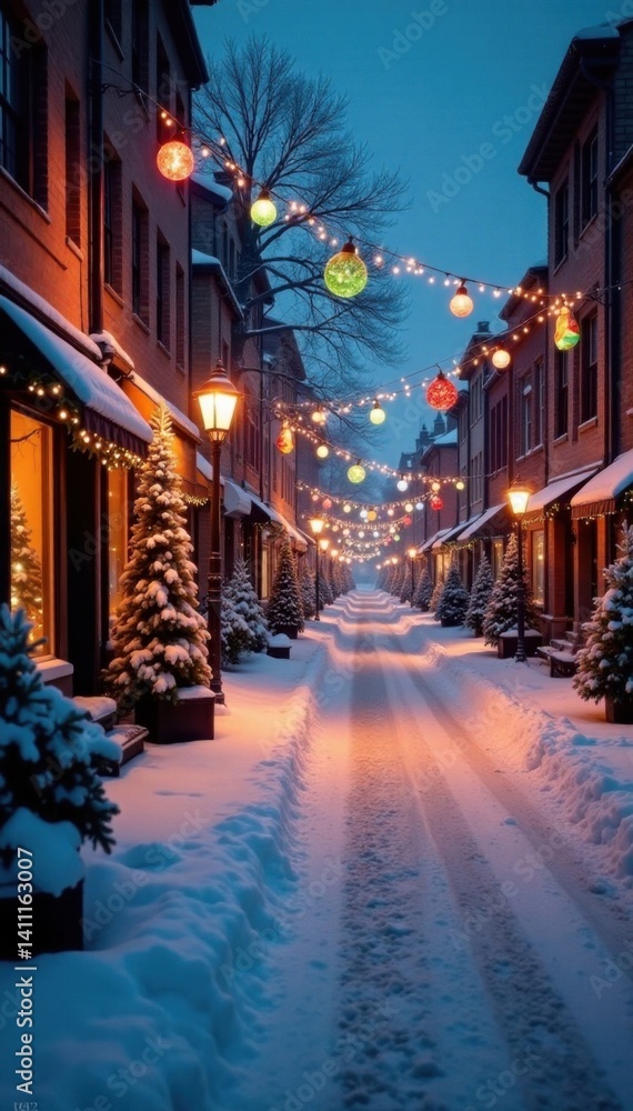 Snow-covered street with festive lights and Christmas decorations, holiday, snow Snow-covered street with festive lights and Christmas decorations, holiday, snow