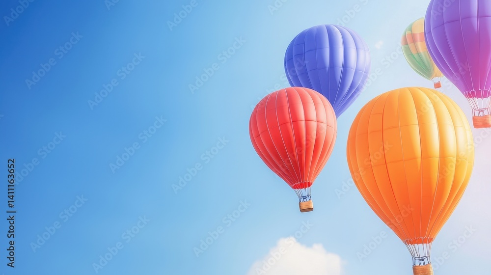 Fototapeta premium Colorful hot air balloons soaring in a clear blue sky, creating a vibrant and cheerful atmosphere.