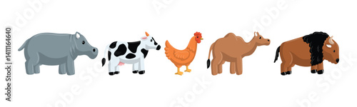 A cartoon illustration of various animals, including a hippo, cow, chicken, camel, and bison. Ideal for children's books, educational resources or fun designs.