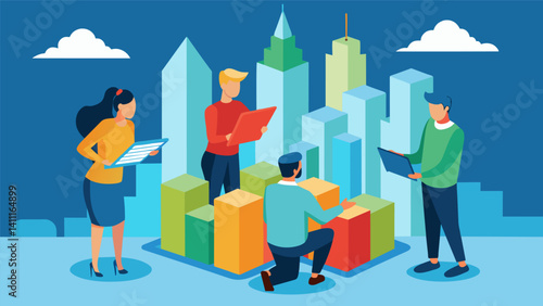 A team of planners utilizing 3D mapping software to visualize potential changes to the citys skyline based on projected population density increases.. Vector illustration