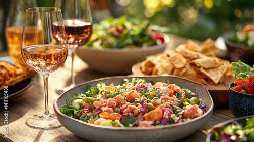Ros? wine, salad, chips, garden party