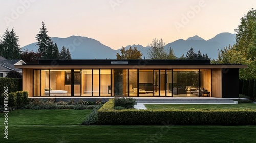 A modern-style single-family house in a quiet suburban green, minimalist desi...