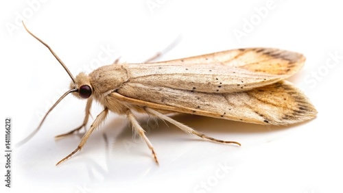 Close-up Fashion Photography: Pale Brown Sod Webworm on White, High-Resolution Macro Insect Image