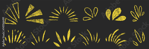 Burst ray big set. Chalk textured kids freehand starburst explosion. Crayon hand drawn scribble shine spark. Pencil decorative emphasis exclamation collection. Sketch vector illustration isolated