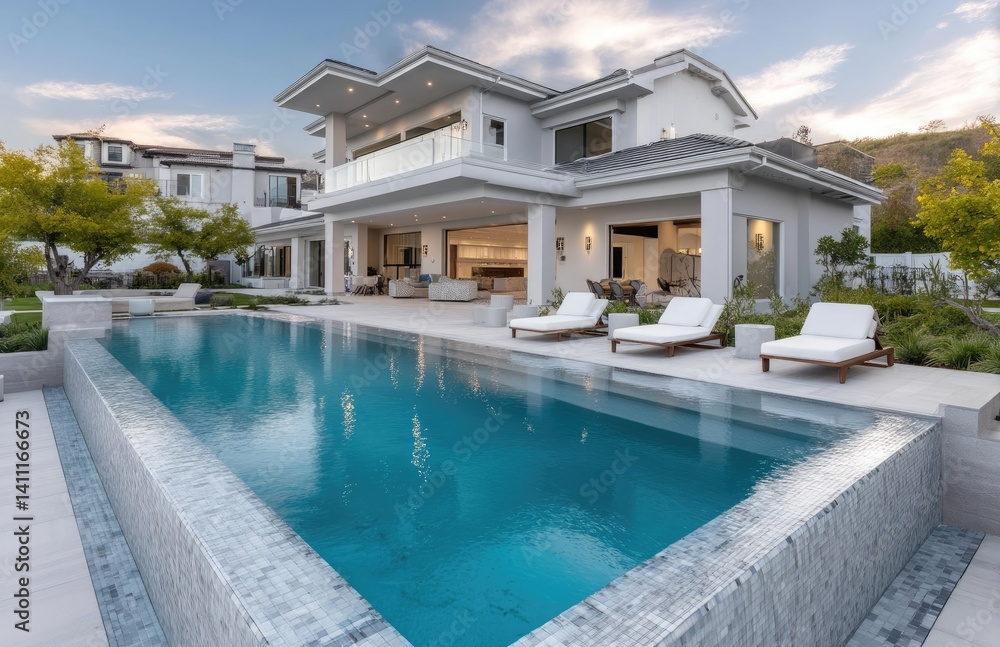 A large, modern home with a pool in the backyard, located in the hills of Los Angeles, California, surrounded by other luxury homes A large, modern home with a pool in the backyard, located in the hills of Los Angeles, California, surrounded by other luxury homes