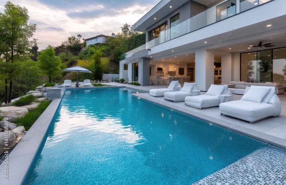 A large, modern home with a pool in the backyard, located in the hills of Los Angeles, California, surrounded by other luxury homes