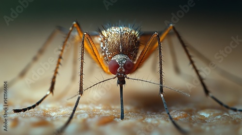 A close up shot of a mosquito showing its proboscis and compound eyes in sharp detail and focus here