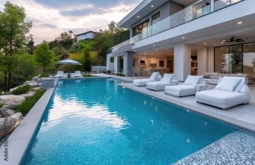 Obraz na płótnie A large, modern home with a pool in the backyard, located in the hills of Los Angeles, California, surrounded by other luxury homes w salonie