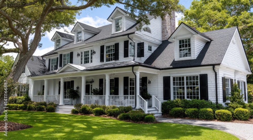 A beautiful two-story country house with white walls, black shutters and large windows on the second floor, a spacious front porch with railings overlooking green grass in spring A beautiful two-story country house with white walls, black shutters and large windows on the second floor, a spacious front porch with railings overlooking green grass in spring