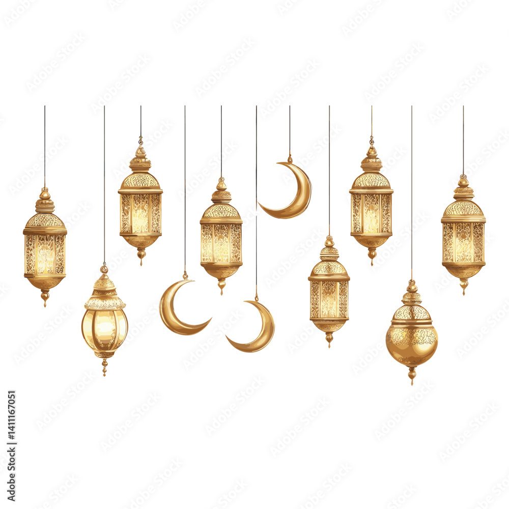 Obraz premium Eid Mubarak lanterns crescent hanging vector