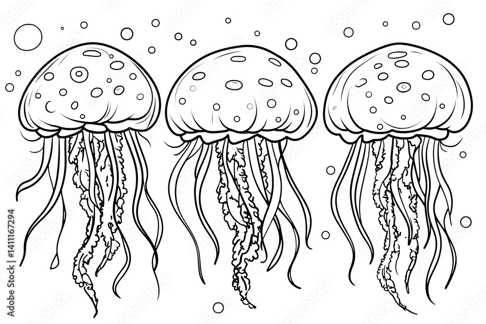 Three jellyfish monochrome sketch