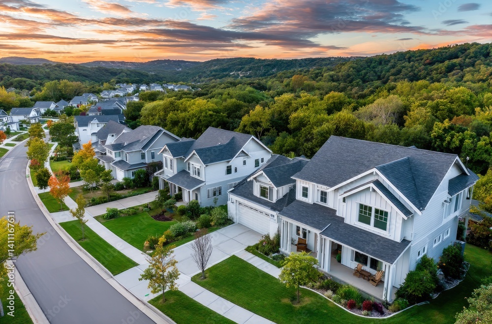 Aerial view of a modern suburban neighborhood with new homes at sunset