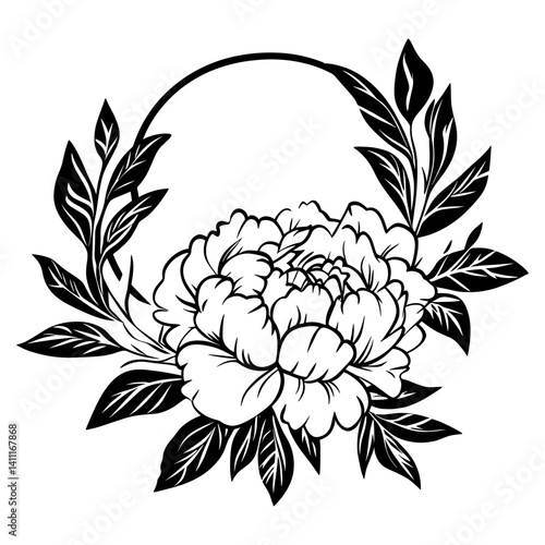 Peony flower leaves wreath art illustration drawing vector