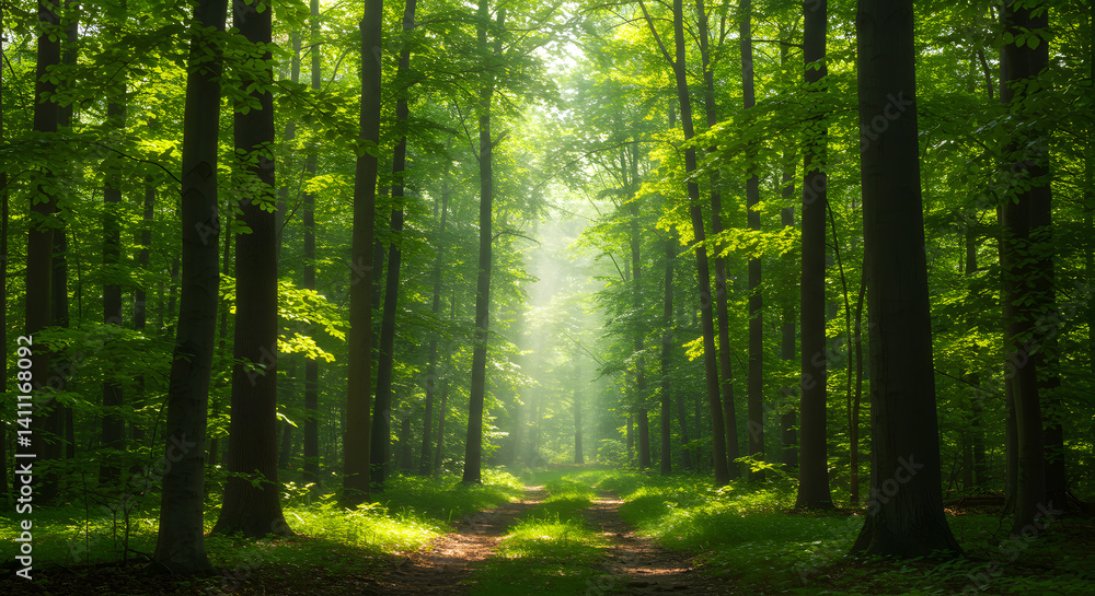 Walking Trail Through Lush Green Forest with Sunlight Streaming Through Walking Trail Through Lush Green Forest with Sunlight Streaming Through