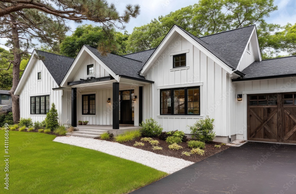 a single-story peasant-style home with white hardie and shou sugi ban siding, dark brown accents, and a garage door angled to the right. a single-story peasant-style home with white hardie and shou sugi ban siding, dark brown accents, and a garage door angled to the right.