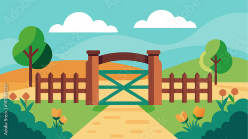 The farm gate stands slightly ajar hinting at the financial strains that make it difficult for farmers to keep their land secure.. Vector illustration