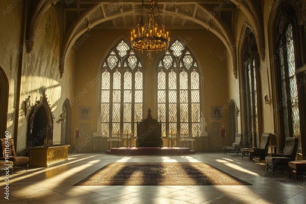 Fototapeta premium Grand hall, sunlight streams through stained-glass windows. Ornate architecture, regal ambiance