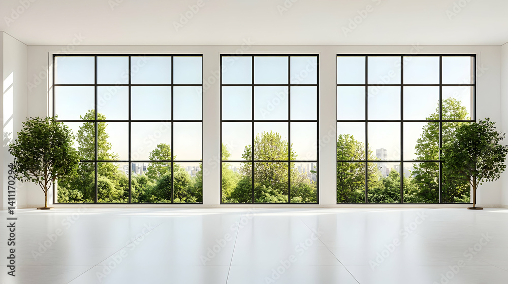 Fototapeta premium Modern Minimalist Interior With Large Windows And City View