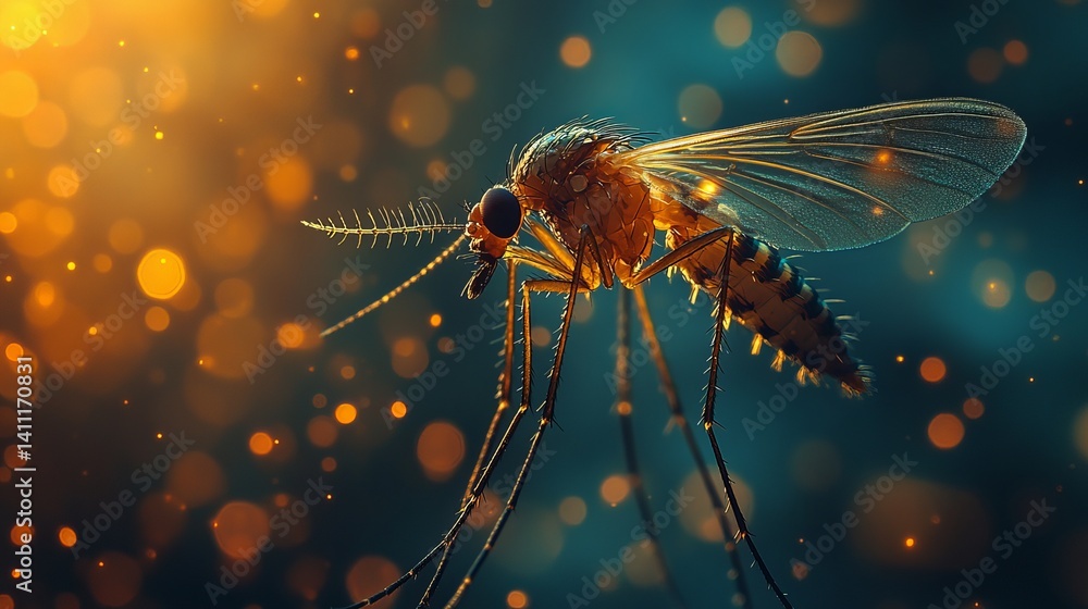 Close up shot of a mosquito with transparent wings and long legs against a bokeh background of light Close up shot of a mosquito with transparent wings and long legs against a bokeh background of light