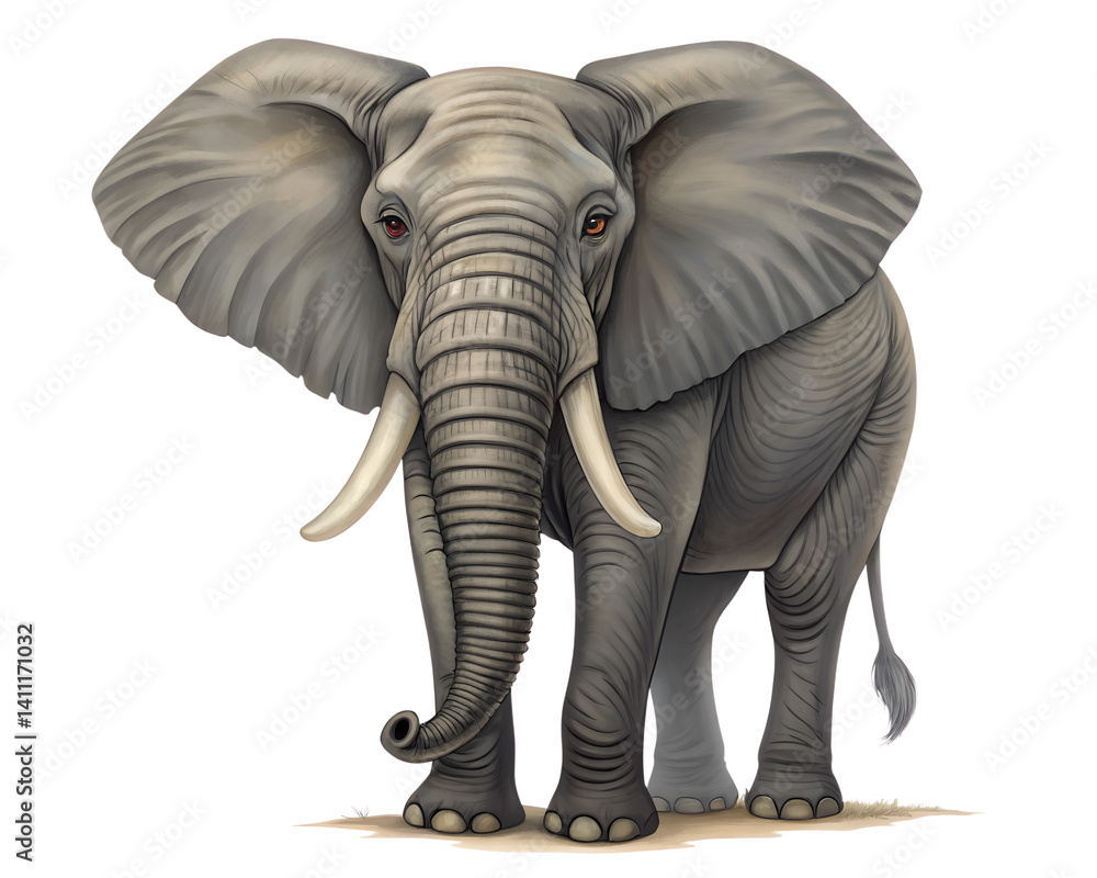 Obraz premium A large elephant with tusks stands in front of a white background. The elephant's face is focused and determined, giving the impression of strength and power