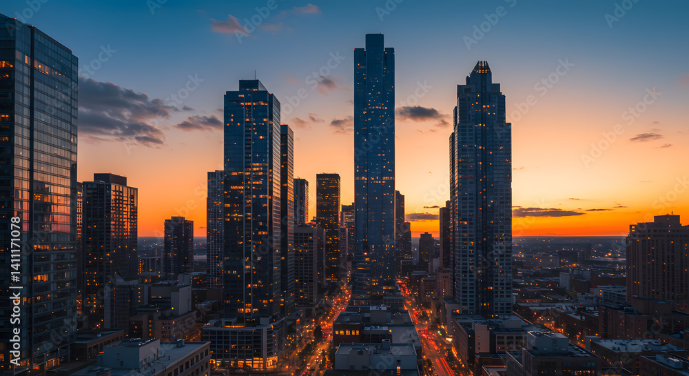 Fototapeta premium City Skyline at Sunset with Vibrant Orange Sky