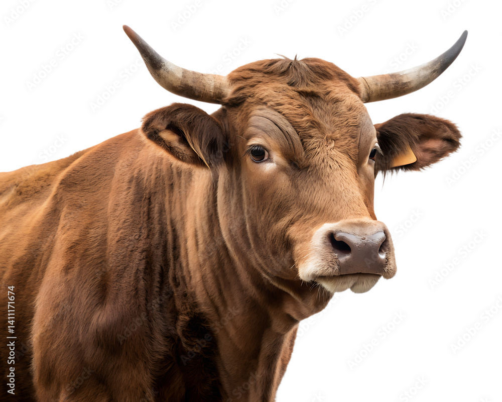 Naklejka premium A brown cow with horns is staring at the camera. The cow's head is the main focus of the image, and it is looking directly at the viewer
