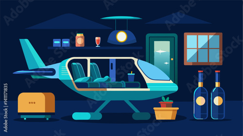 Board this highend air taxi and experience the ultimate comfort with adjustable mood lighting noisecancelling technology and a fullystocked mini bar.. Vector illustration