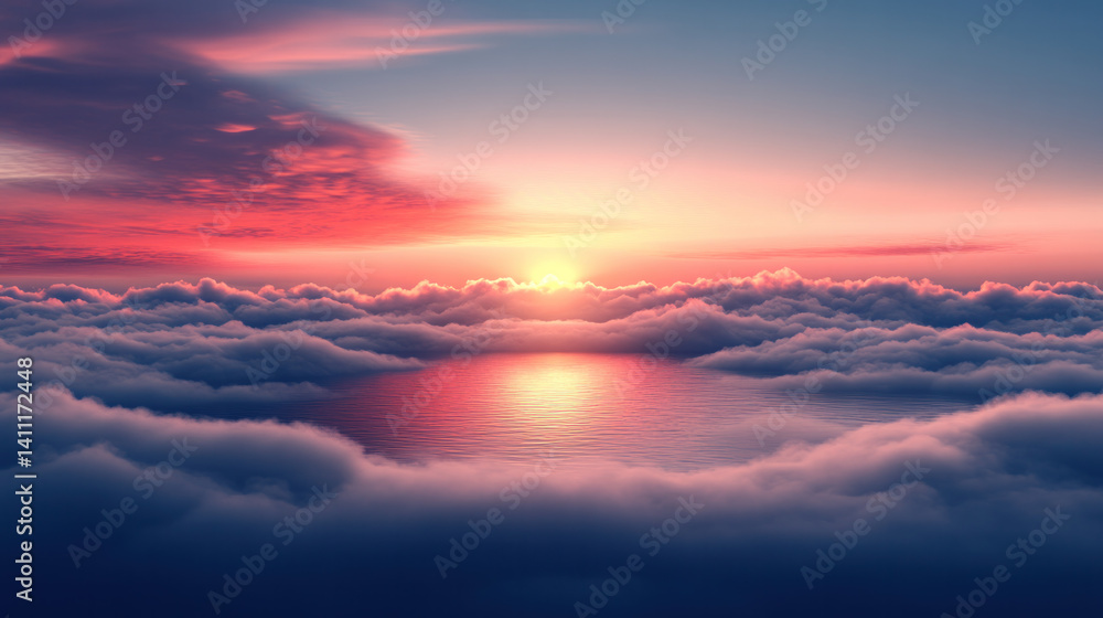 Fototapeta premium A beautiful sunset with a calm lake in the background. The sky is filled with clouds, and the sun is setting, casting a warm glow over the water. The scene is serene and peaceful, with the clouds