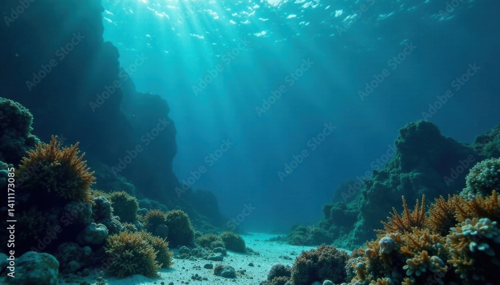 Fototapeta premium Underwater scene of dark blue ocean surface with scattered seaweed and small rocks, underwater, water