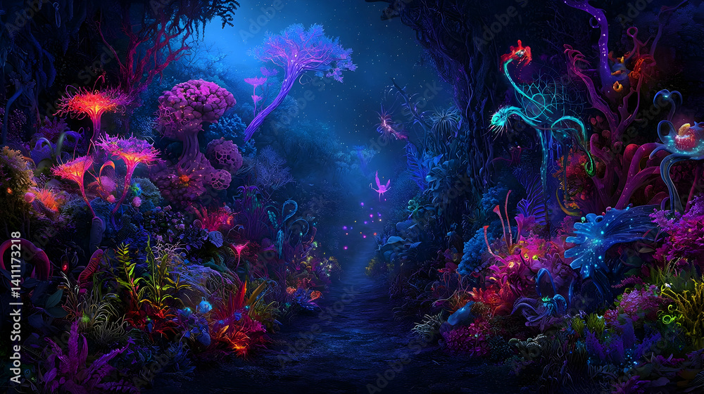 Fototapeta premium Glowing Magical Pixelated Forest At Night